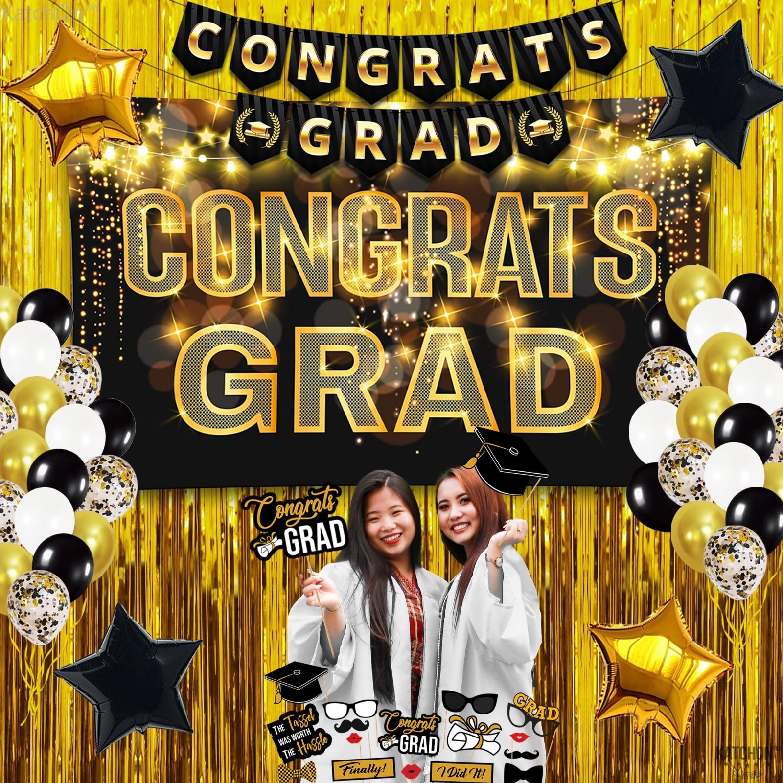 Black Gold Graduation Decorations 2026 – 61pc Set, Congrats Grad Banner, Foil Cu