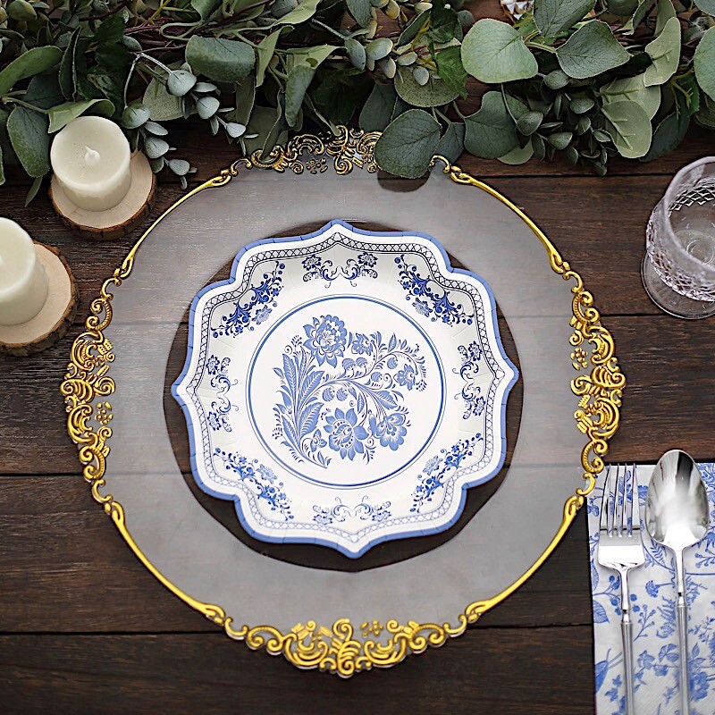 25 White Blue 8 in Floral Disposable Dessert Paper PLATES Scallop Trim Party
