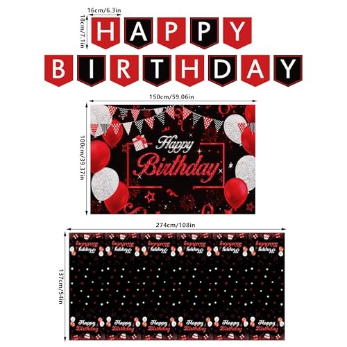 Red Birthday Background Party Supplies Decorations Red and Black Happy