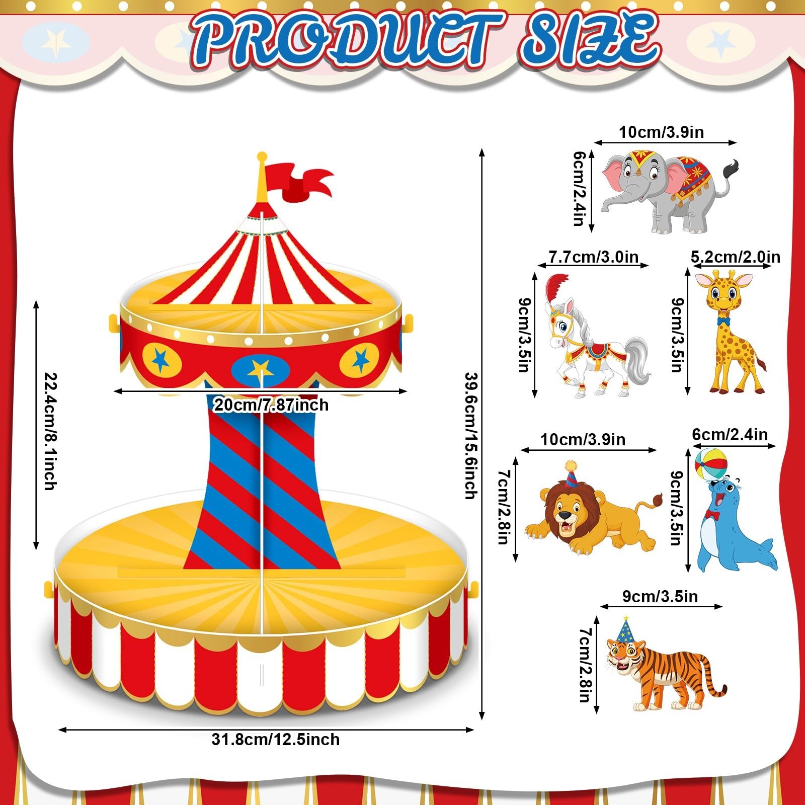 Carnival Circus Cupcake Stand Party Decorations with 24 Cake Decorations Circ…