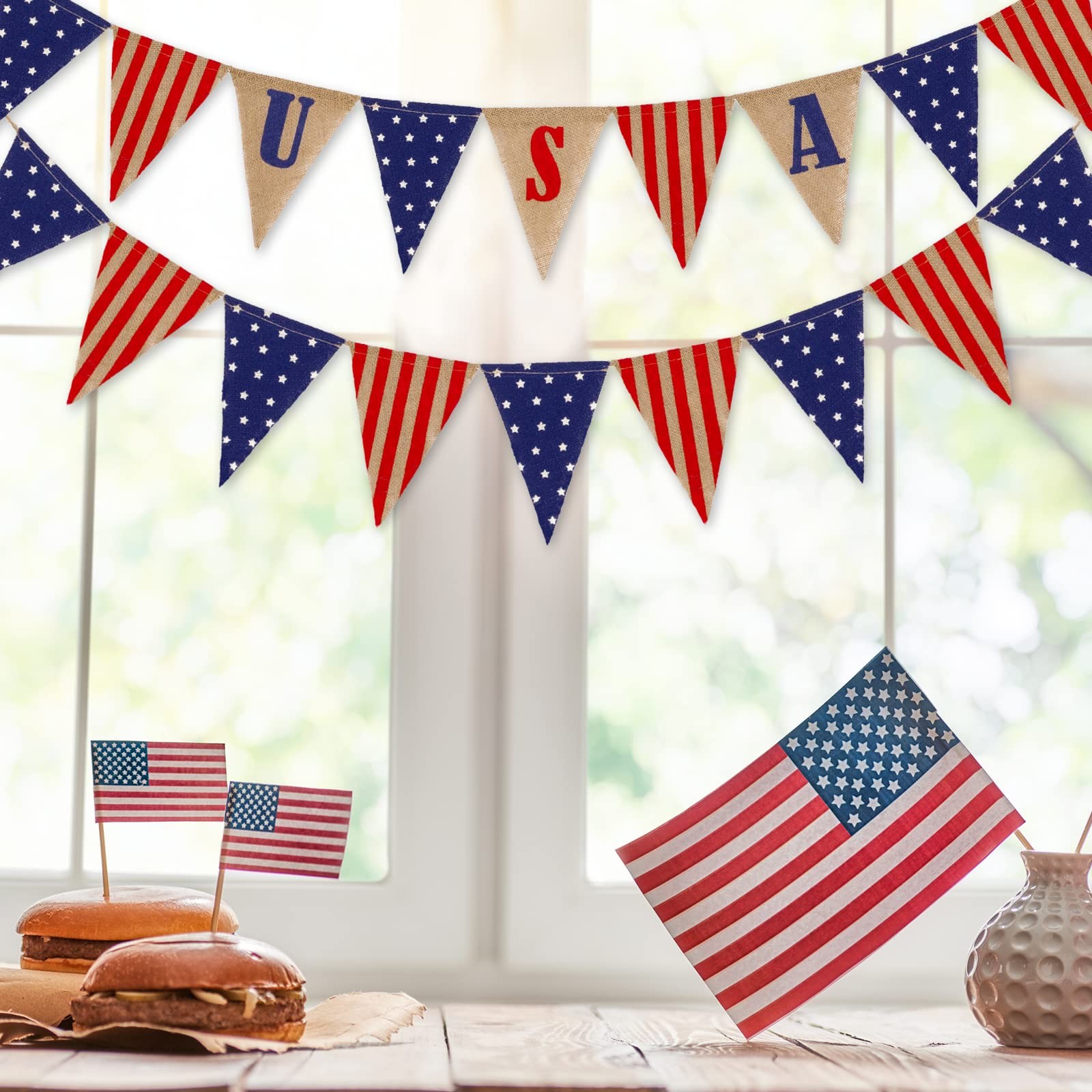 2 Pack Patriotic Burlap Banner 4th of July USA Flag Pennant Bunting Garland Red