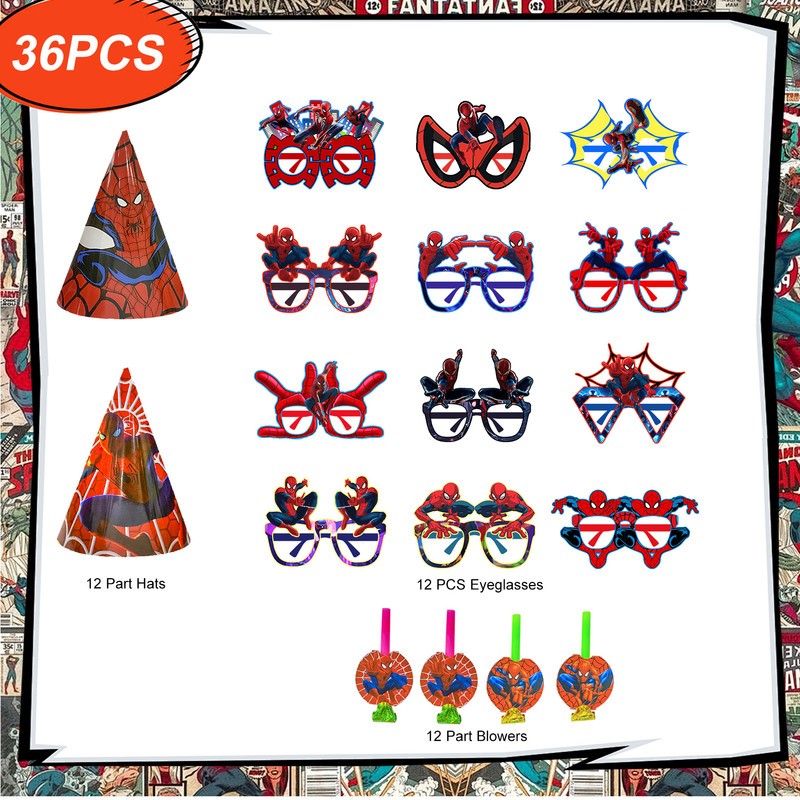 36 Pcs Spider Man Party Favors Marvel Birthday Cake Hat Blowout Photo Booth Prop