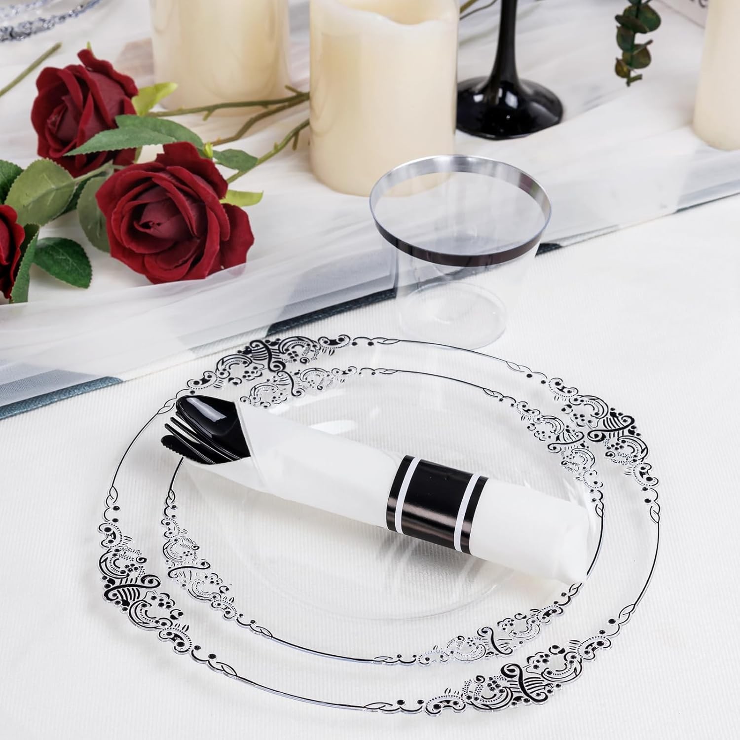 175pcs Clear and Black Plates – Black Party Plates for 25 Guest