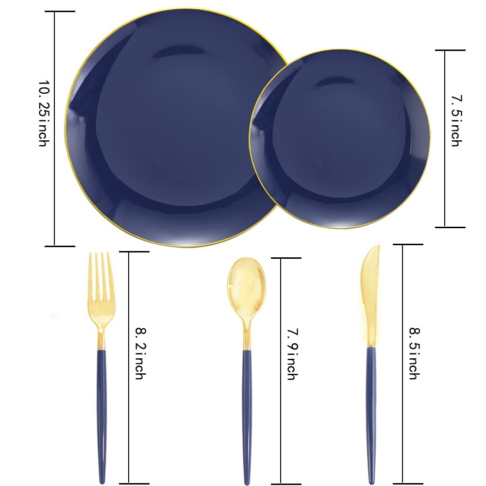 150PCS Blue Plastic Plates – Gold Plastic Silverware with Blue Handle – Navy …