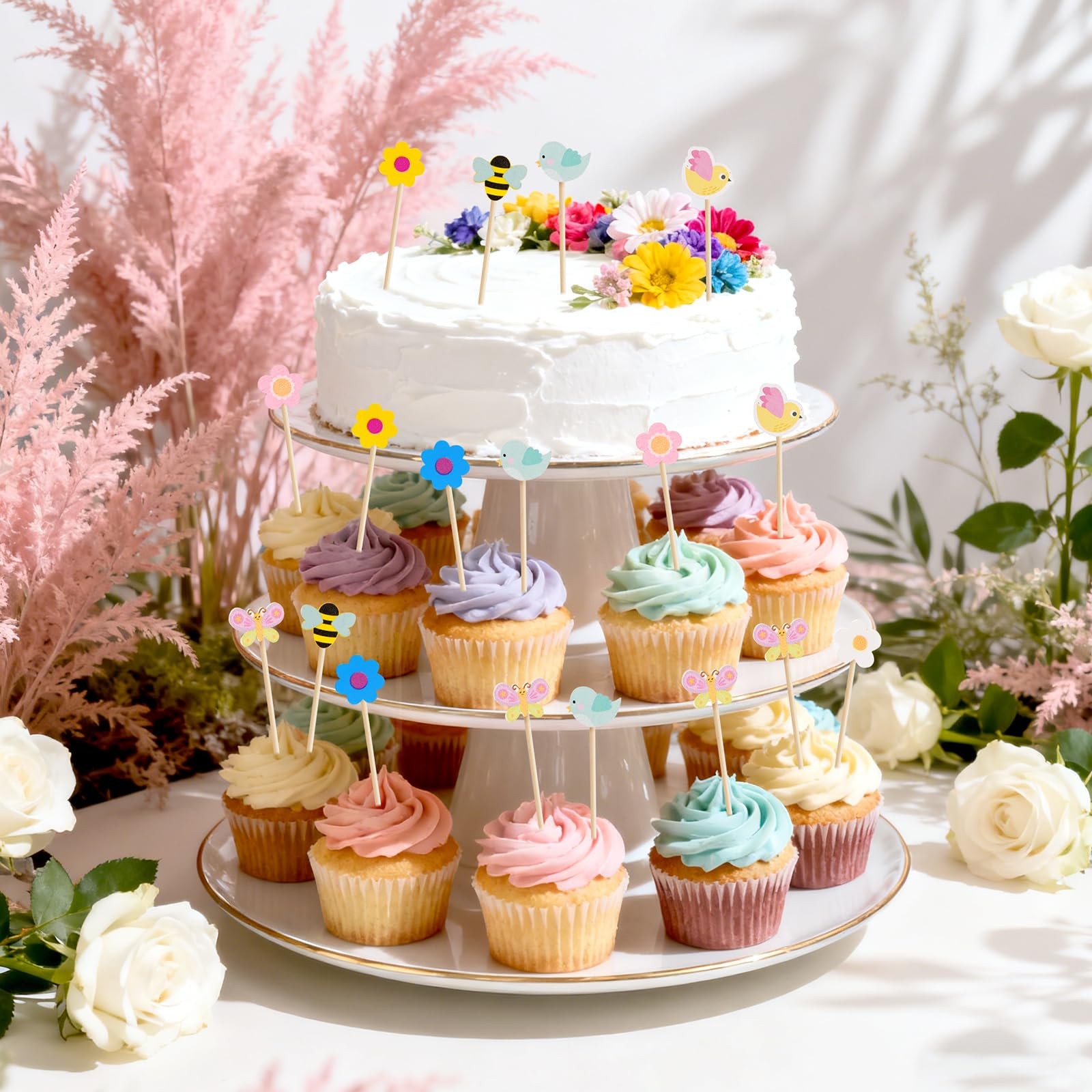 100 PCS Spring Floral Toothpicks – Colorful Flowers, Birds, Bees & Butterflie…