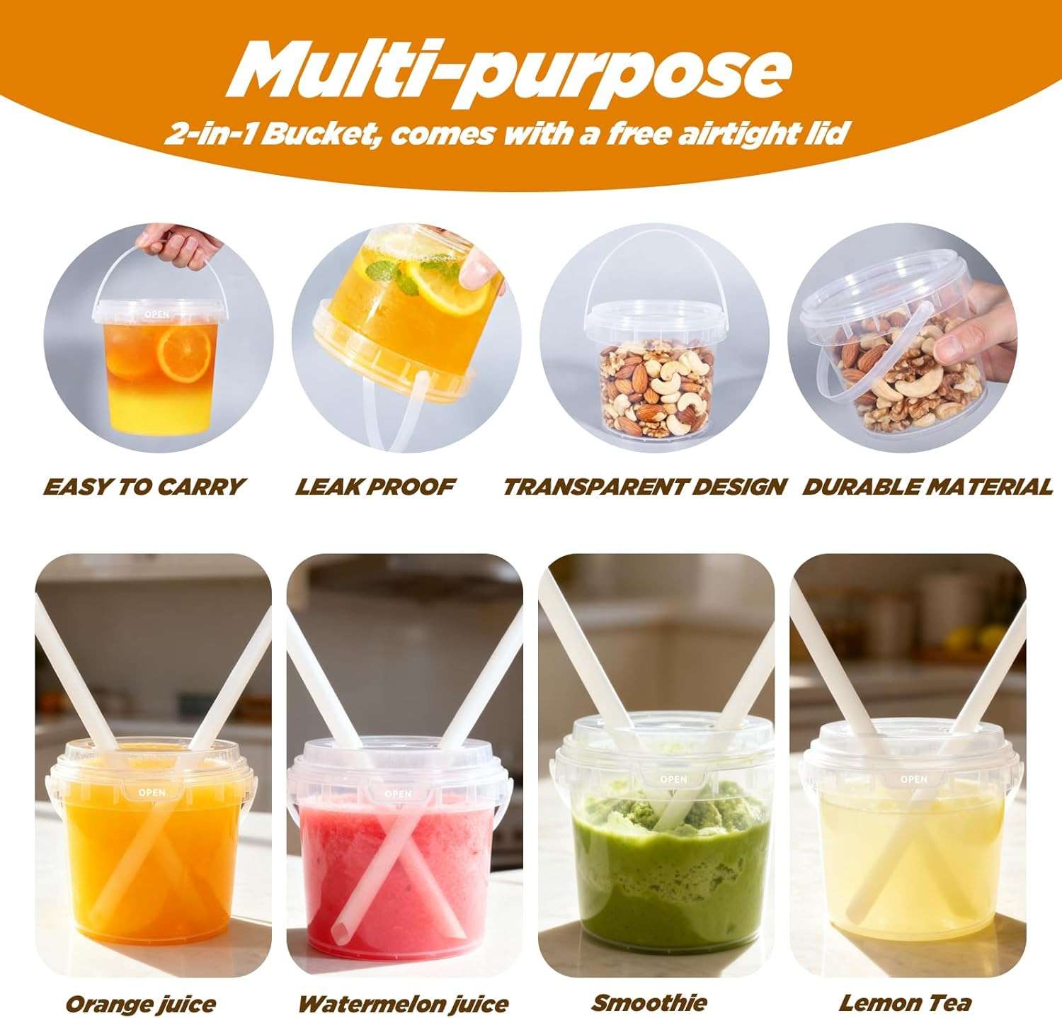 25Oz Reusable Plastic Drink Buckets with Lids and Straws – 10 Pack
