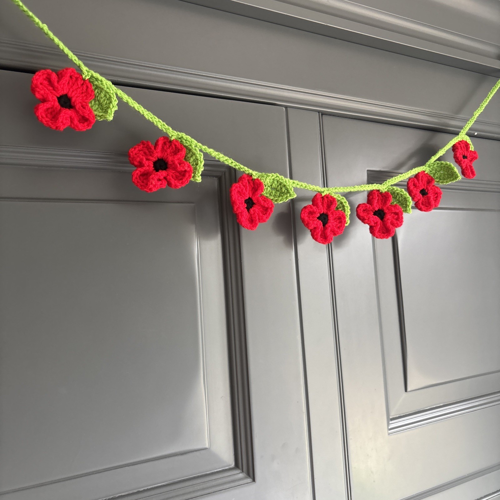 Handmade Crocheted Poppy & Leaf Bunting Garland Home Decor