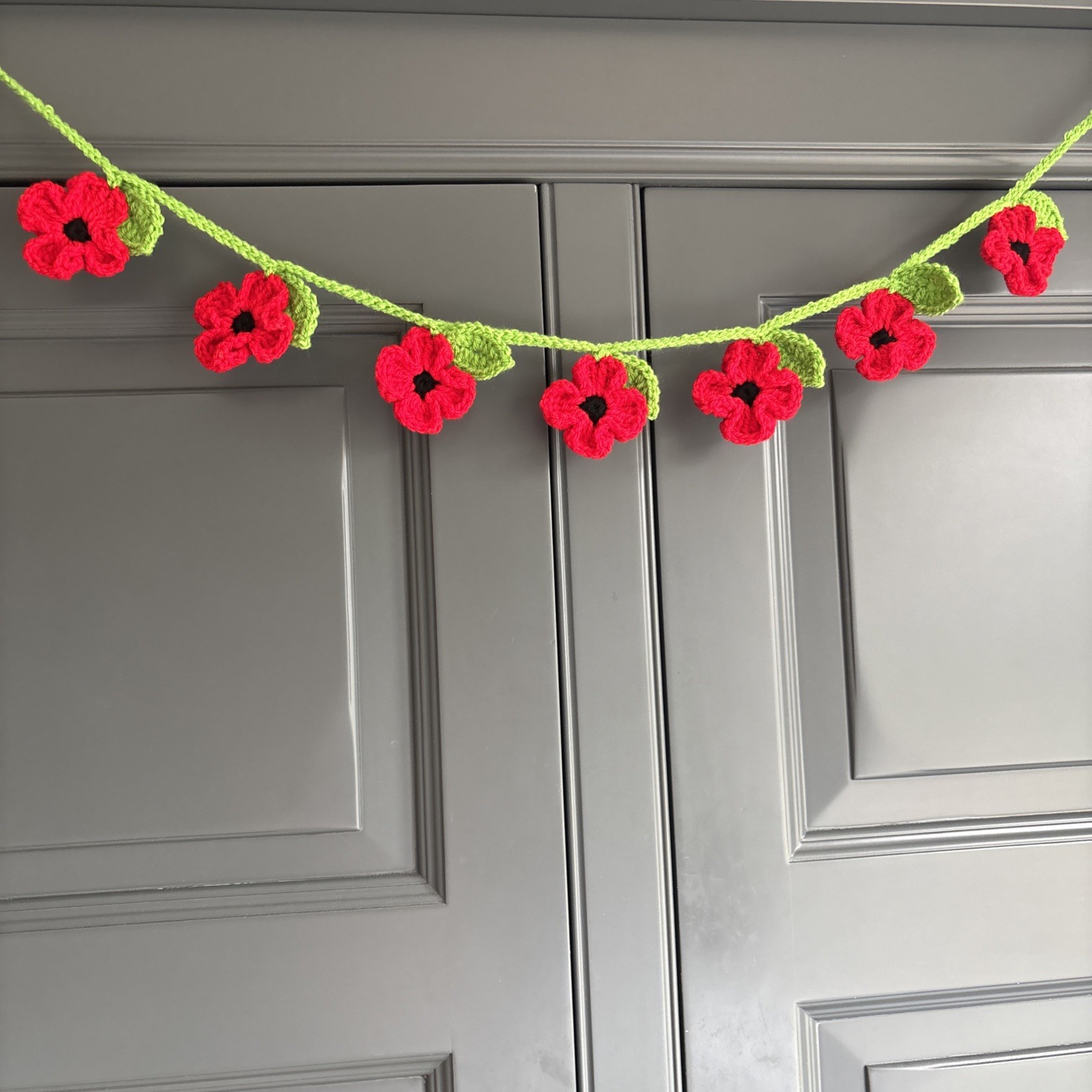 Handmade Crocheted Poppy & Leaf Bunting Garland Home Decor