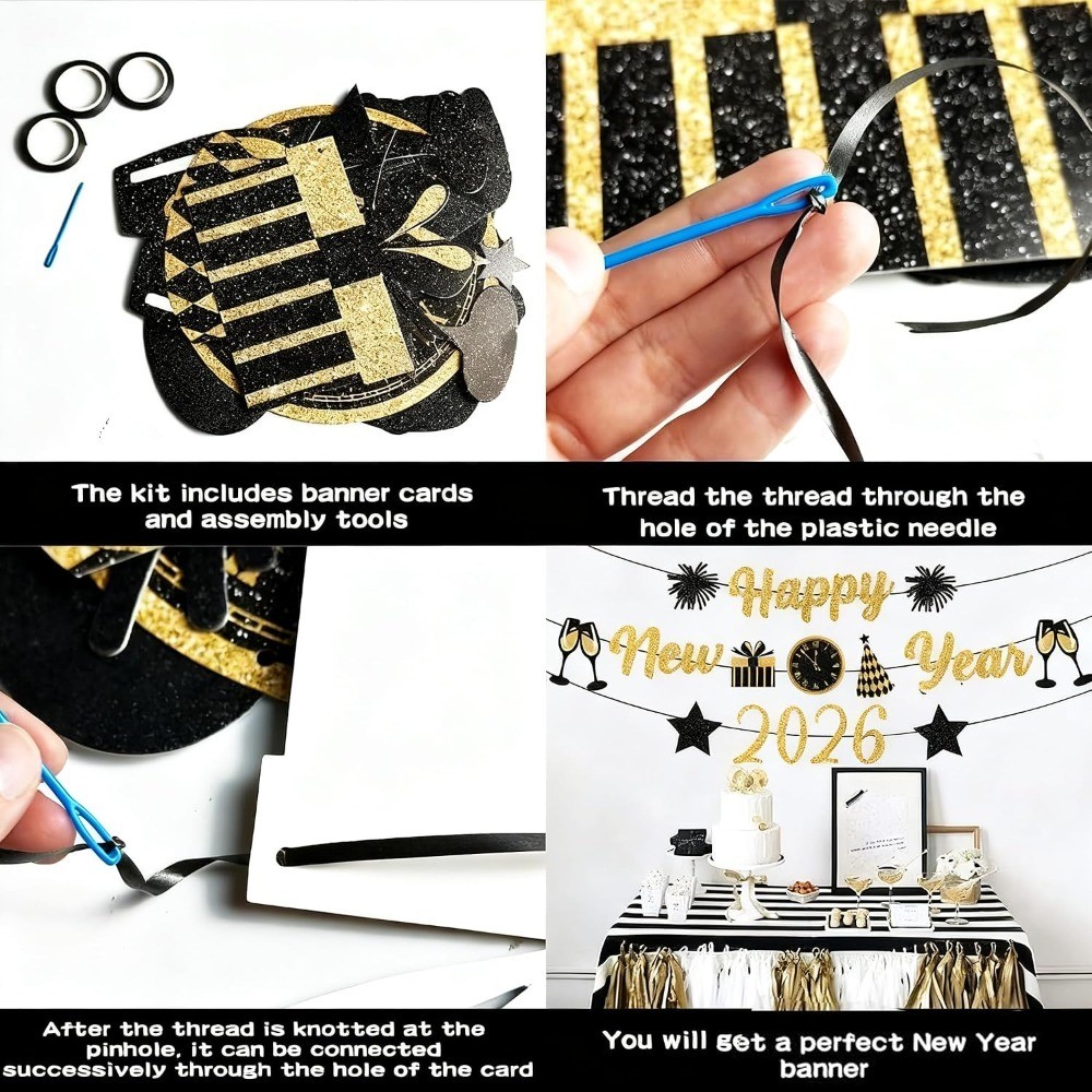 Black Gold New Years Decorations 2026 Glitter Happy New Year Banner New Years