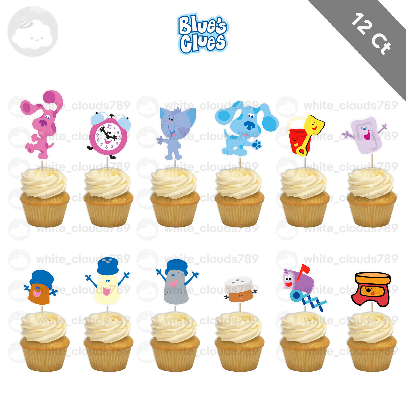 12 Blue’s Clues Cupcake Topper Birthday Food Pick Favor Party