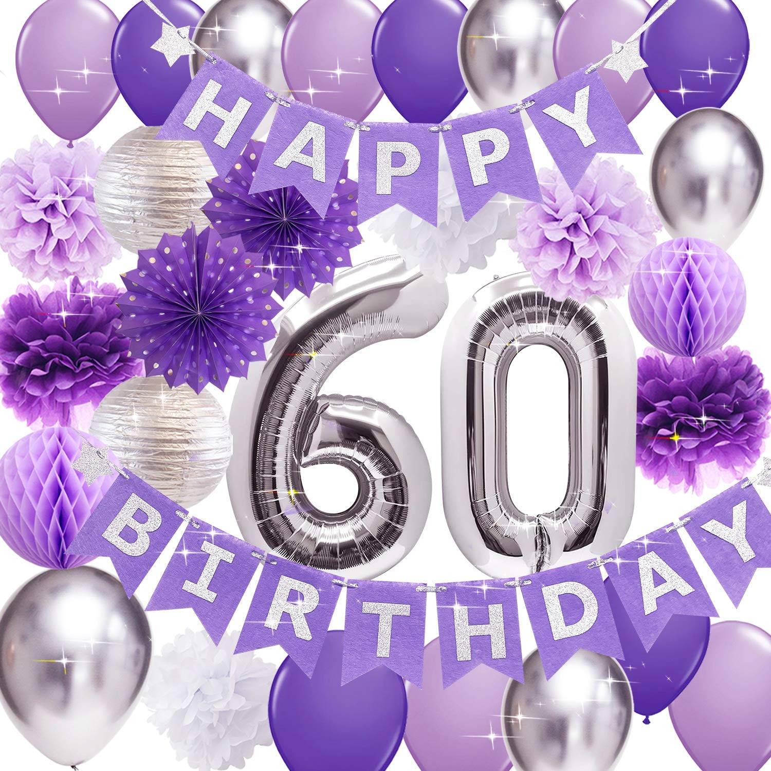 Qian’S Party 60Th Birthday Decorations For Women Purple Silver Women 60 Happy