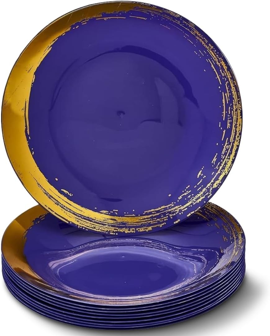 Elegant Blue Disposable Plastic Dinner Plates with Brushed Gold Rim – 10.25″