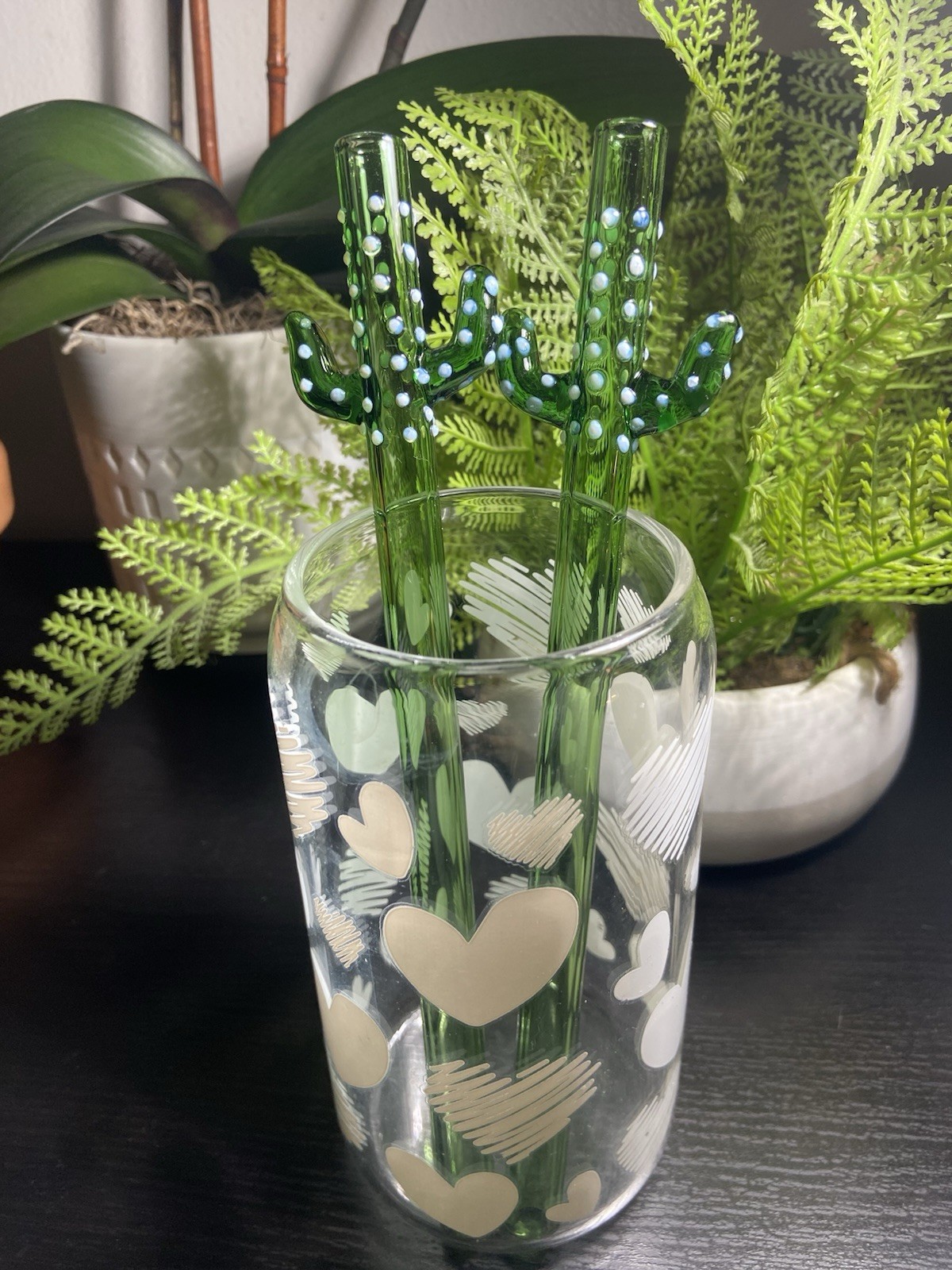2pcs Cactus Glass Drinking Straws – Hand Blown Glass -Cactus Design