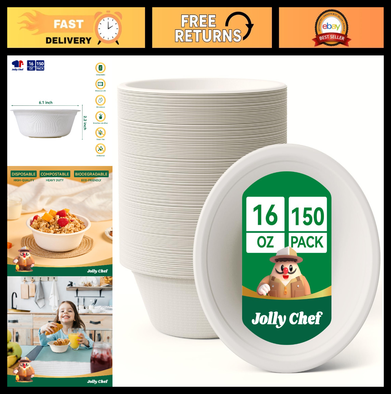 Compostable 16 oz Paper Bowls – Heavy Duty Biodegradable Soup Containers, 150 Pa