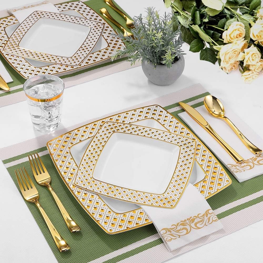 175 Ct Gold Dinnerware Set for 25 Guests – Square Plastic Plates with Diamond Ri