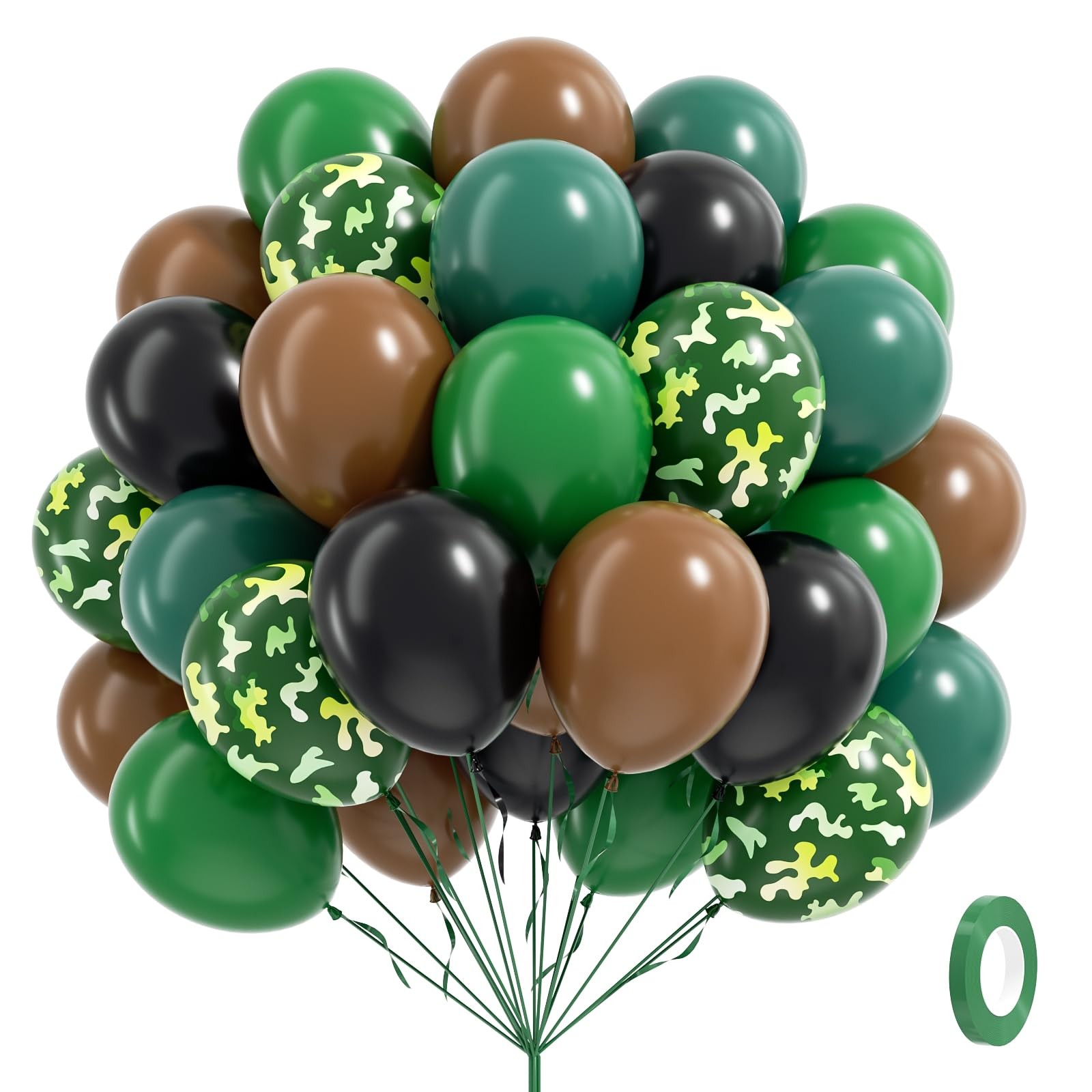 60pcs 12inch Camo Balloons, Green and Brown balloons with Dark Green Black Ba…