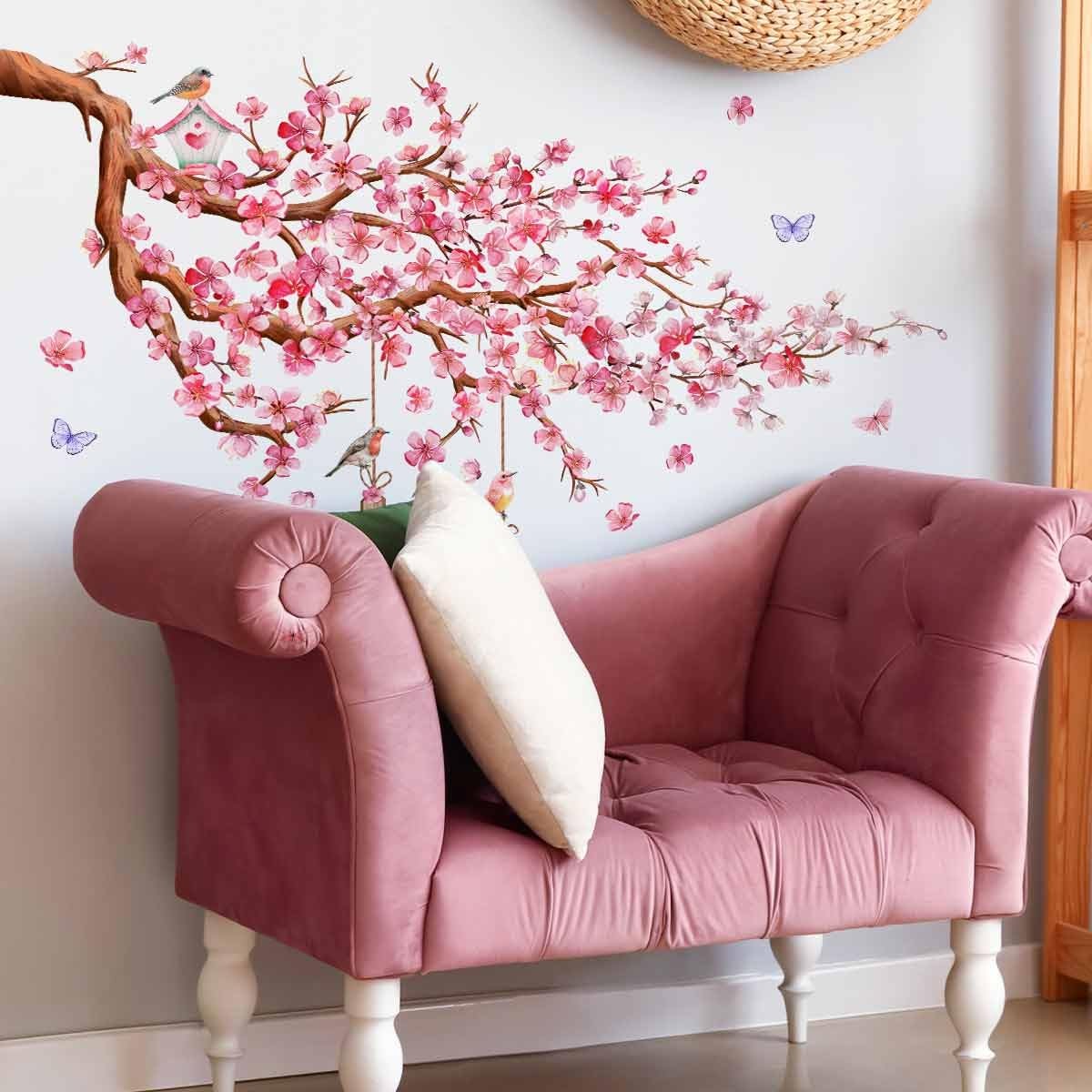 Siraveil Art Cherry Blossom Tree Wall Decals Birds Butterflies Pink Floral