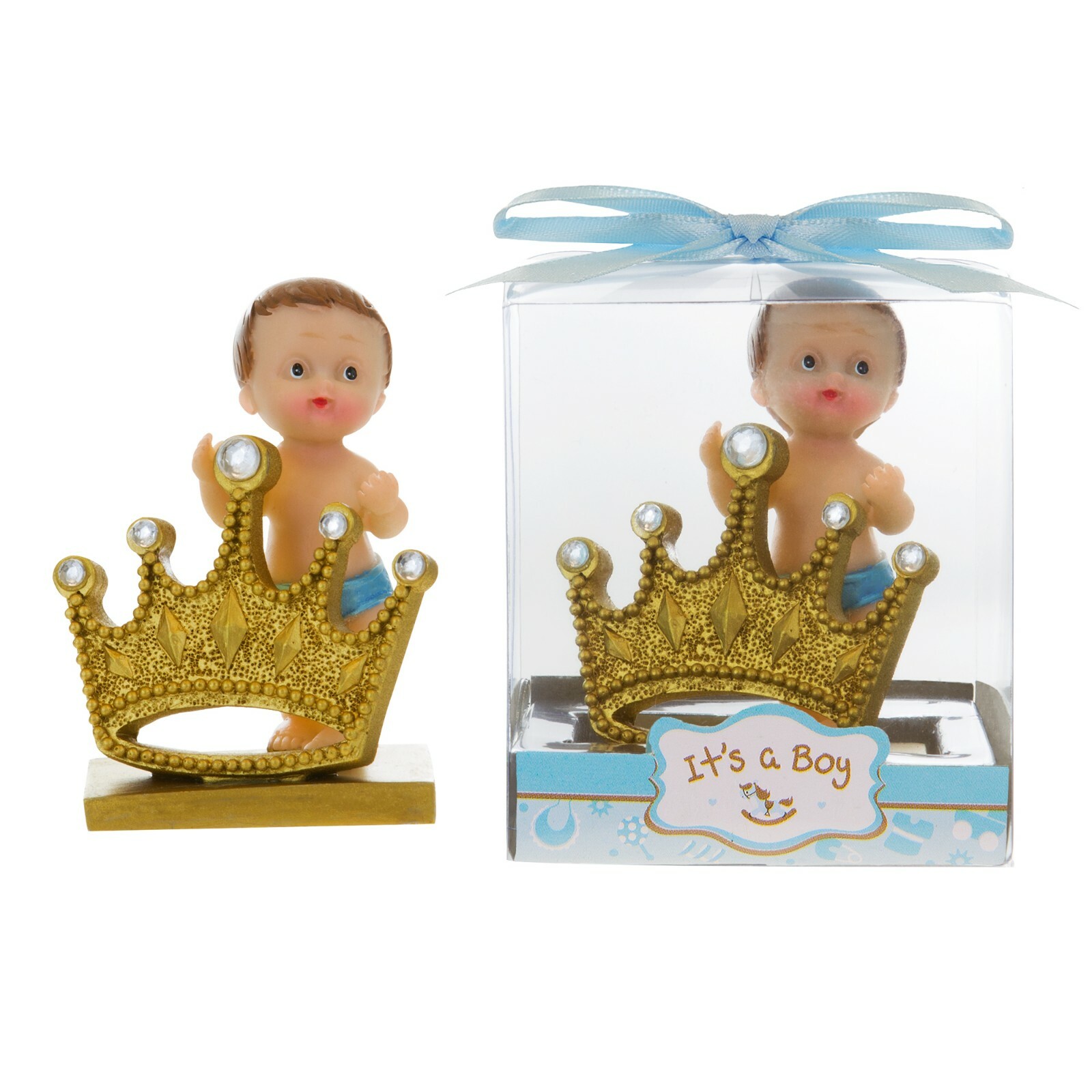 Mega Favors – Baby Boy Holding Large Crown Poly Resin – Blue, 12PCS
