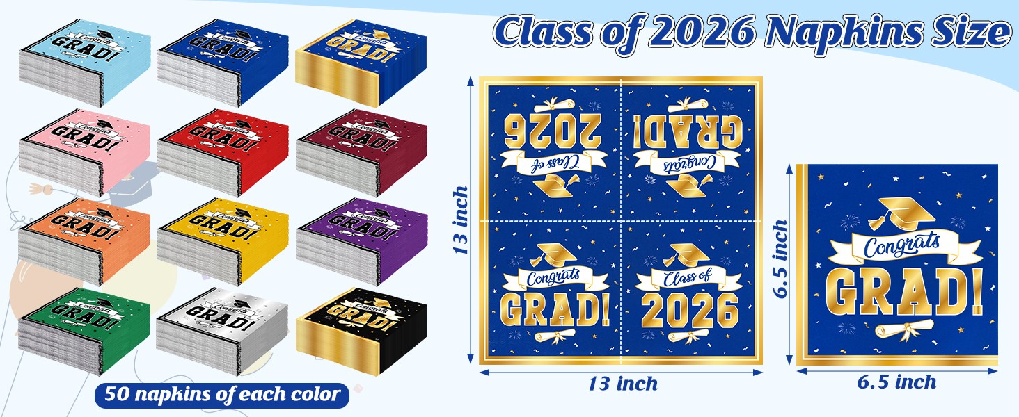 50 Pack Graduation Napkins, 6.5 X 6.5 Inches Blue Graduation Decorations 2026,