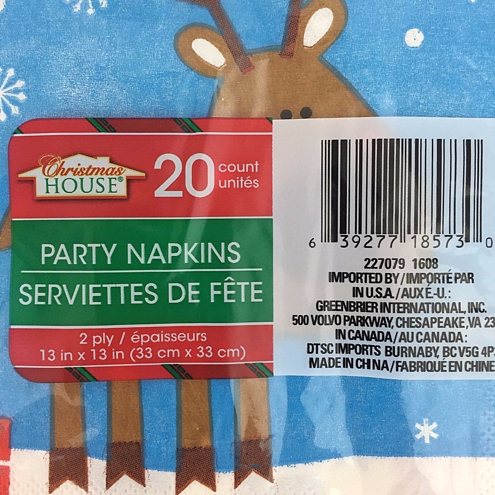 Christmas House Santa Claus Reindeer Party Napkins 20 Count 2 Ply 13 x 13 Inches
