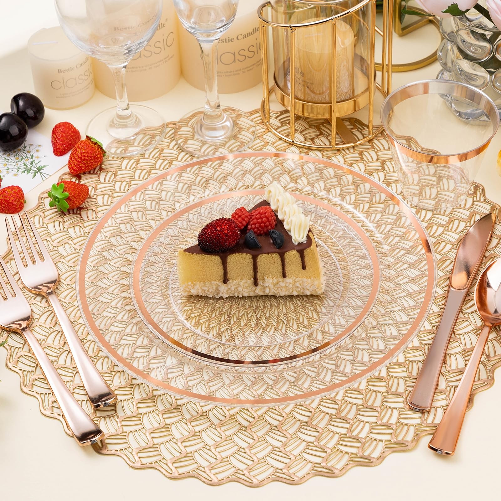 200PCS Rose Gold and Clear Plastic Plates, Rose Gold Disposable Plate Set wit…