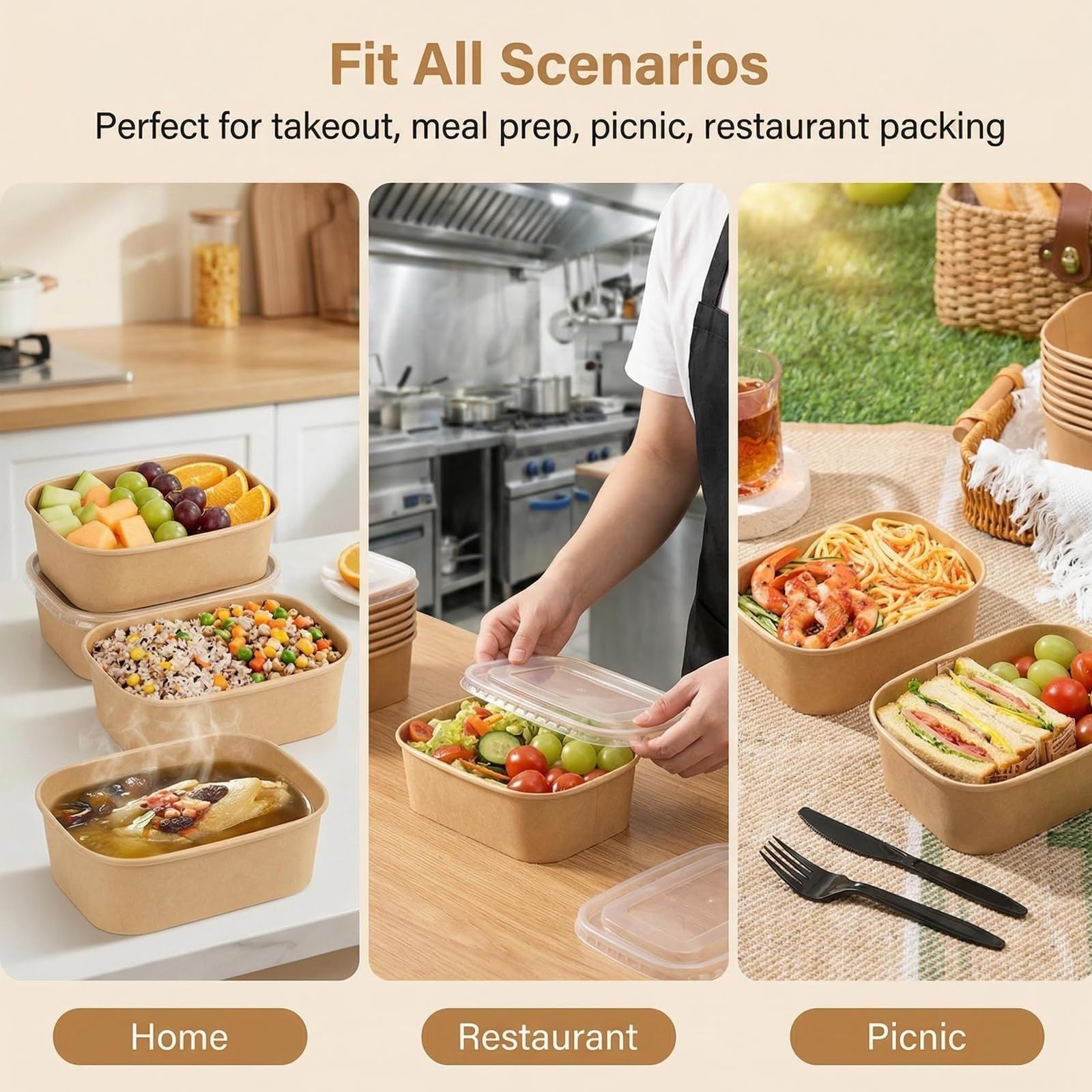 50 Pack Disposable Meal Prep Containers, 25oz Disposable Large Paper Bowls wi…