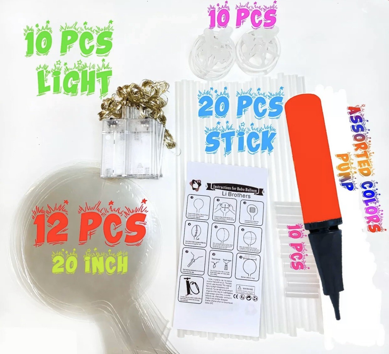 10 PCS LED Light Up BOBO Balloons 20 Inch(WITH THE STICK)10 Pack Clear + PUMP