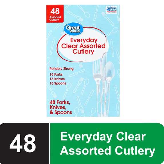 (6 pack) Great Value Plastic Everyday Clear Assorted Cutlery, 48 Count includes