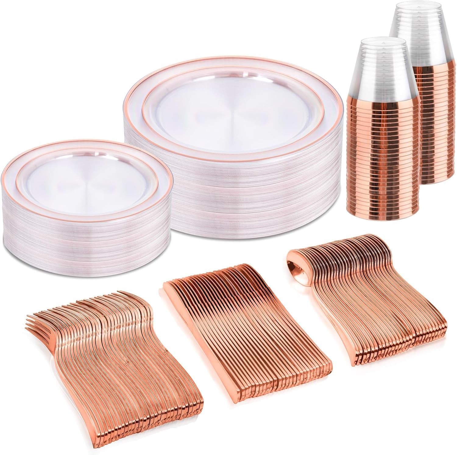 300PCS Gold Disposable Dinnerware Set – White and Gold Plastic