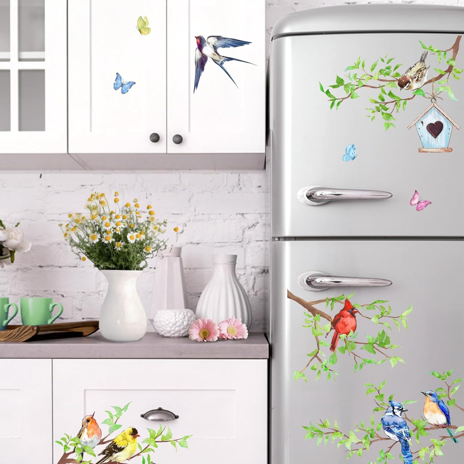 Yovkky Spring Summer Birds Branches Window Clings 4 Sheets, Cardinal Bird