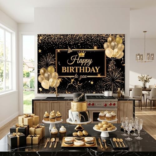 Happy Birthday Backdrop Banner for Photo Booth, Large 59 x 39 Inches Black Gold