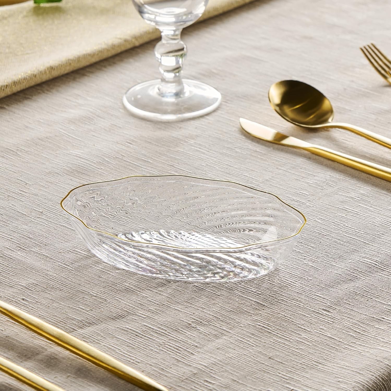 30 Pack Elegant Plastic Plates 7 oz bowls Clear with Gold Rim Spiral Design