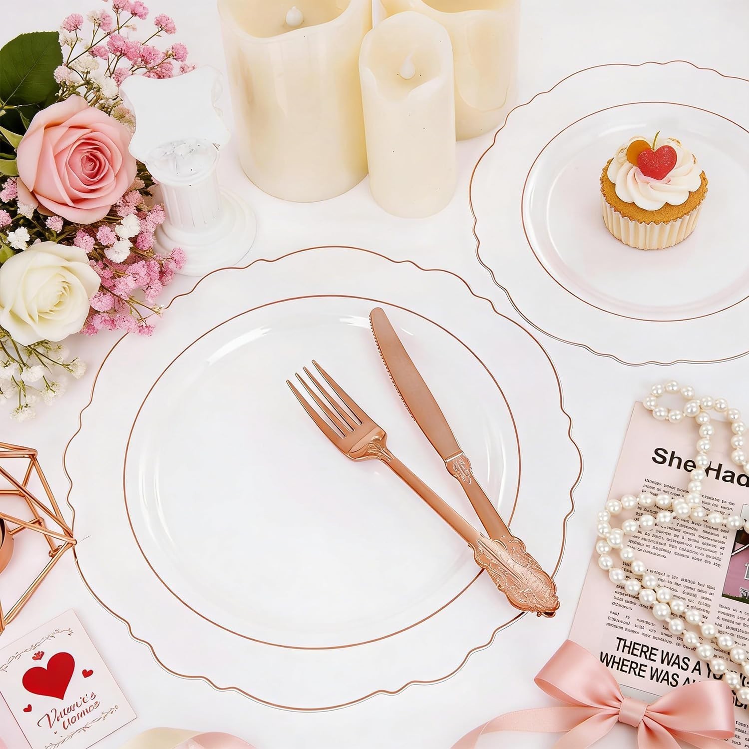 100pcs Rose Gold Plates Plastic Disposable – Baroque Clear and Rose Gold Plat…