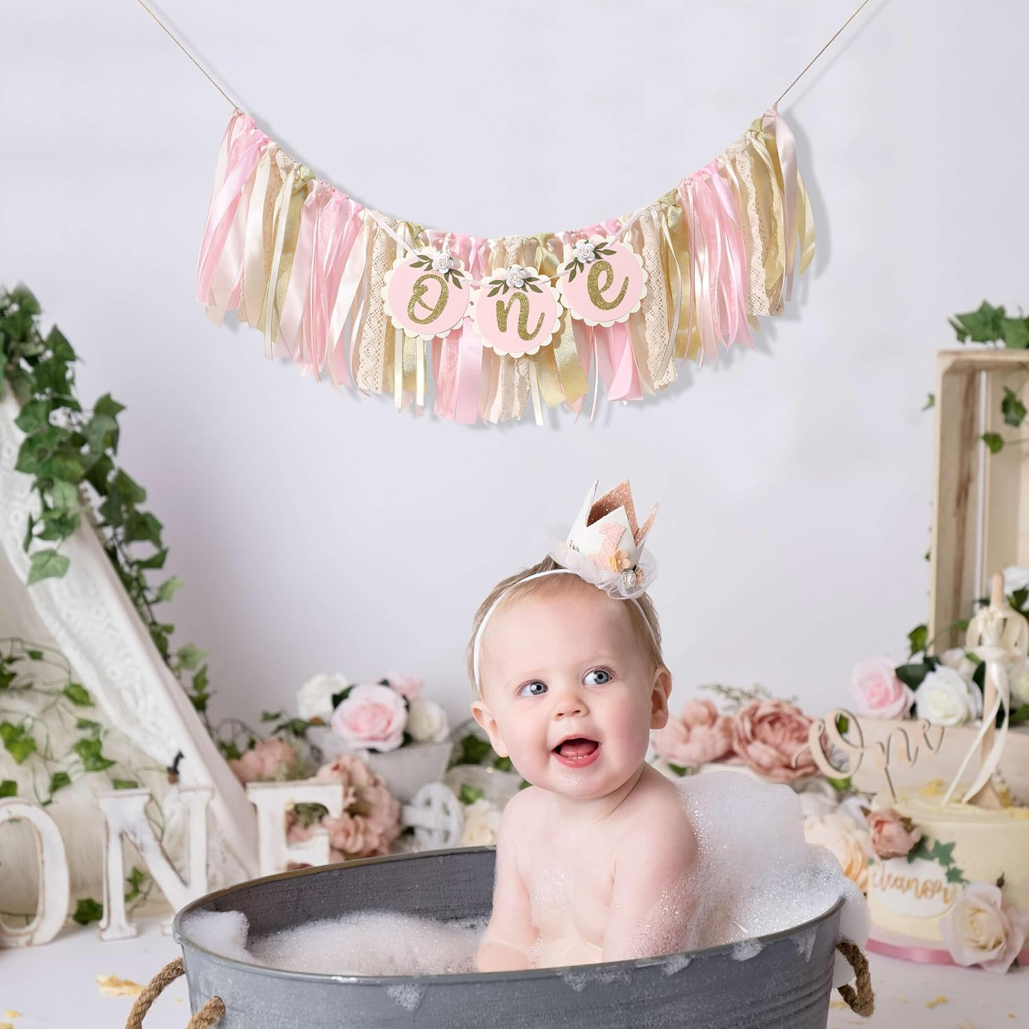 Pink Golden Floral High Chair Banner – Rose 1St Birthday Highchair Banner, Girls