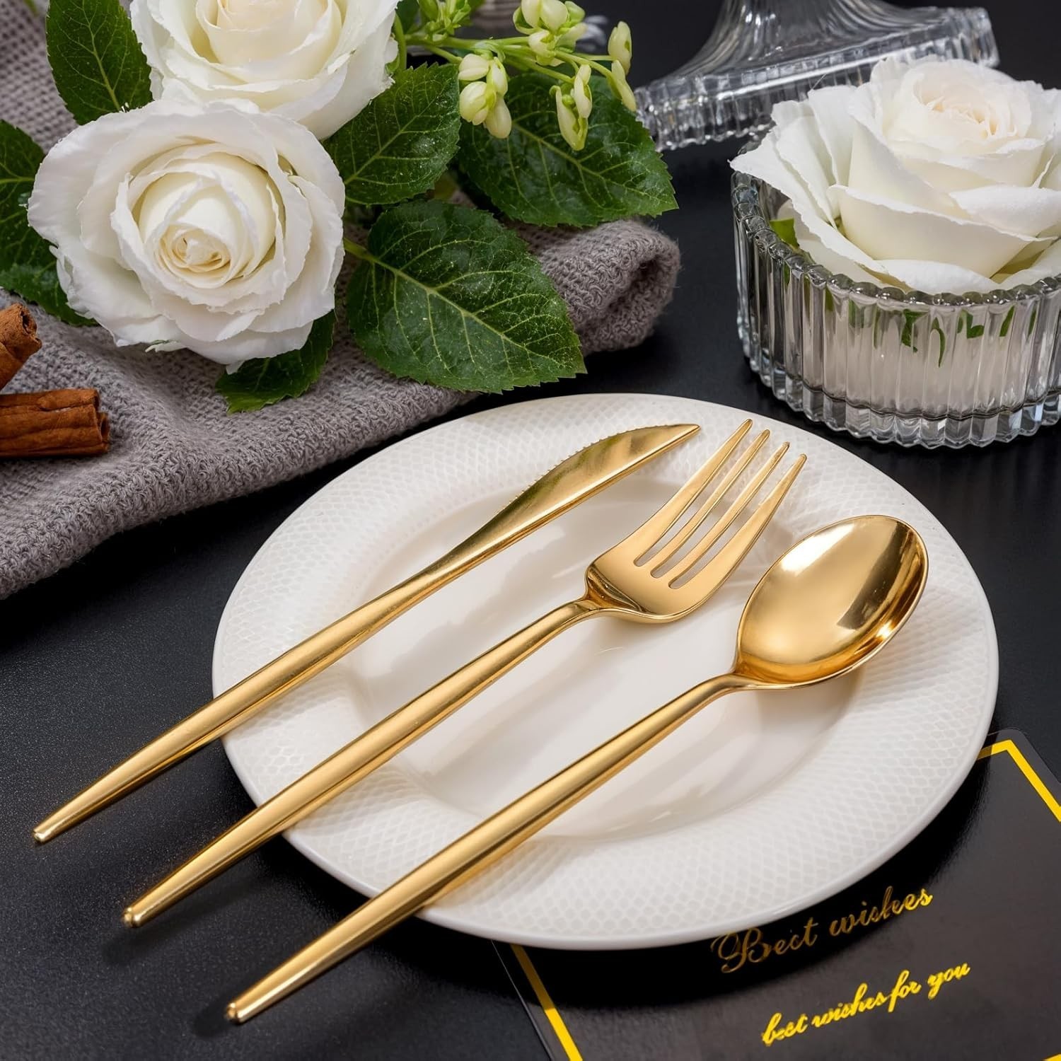 600 Pcs Gold Plastic Silverware, Gold Disposable Utensils, Heavy Duty Cutlery Se