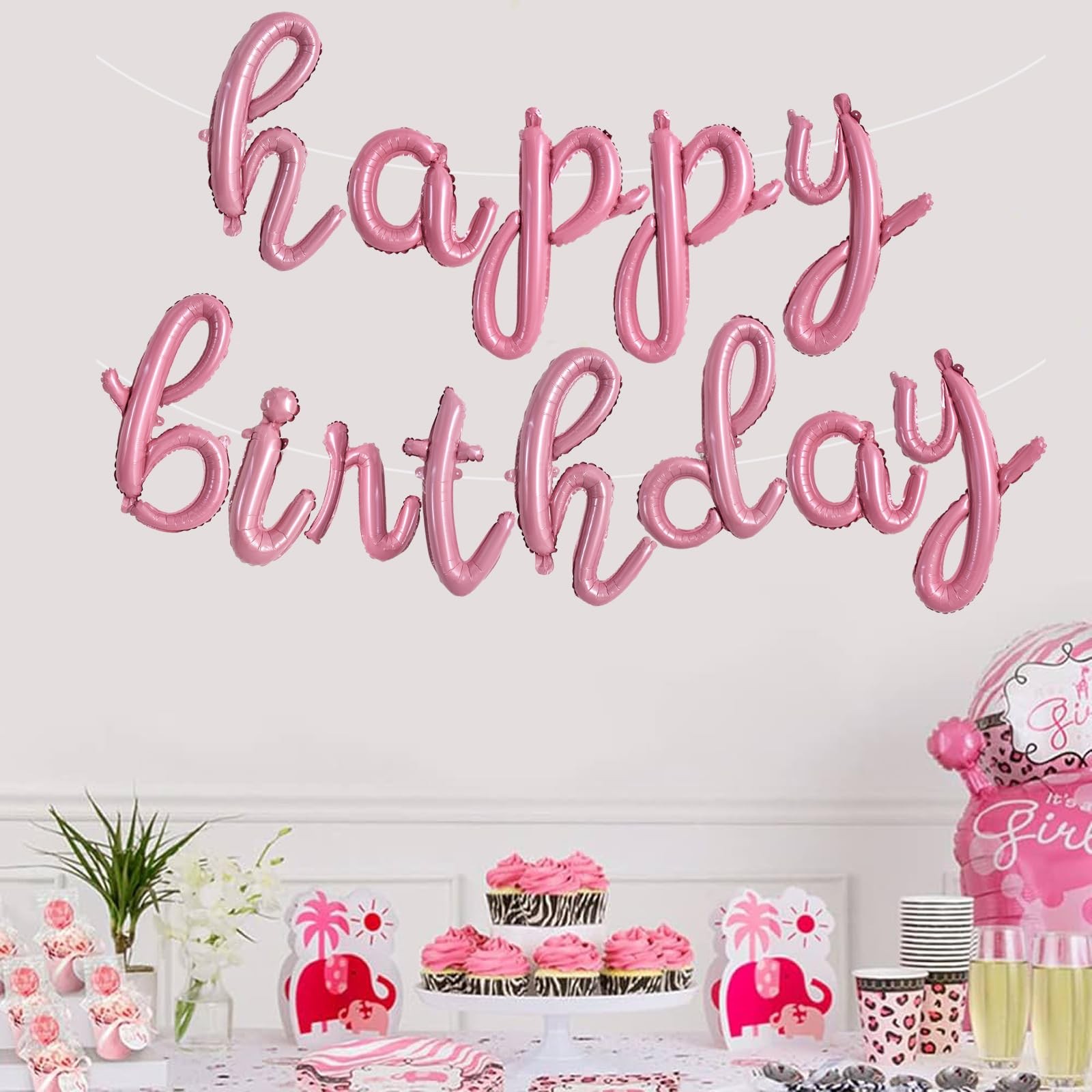 TONIFUL Light Pink Happy Birthday Balloons Banner,Cursive Happy Birthday Ball…