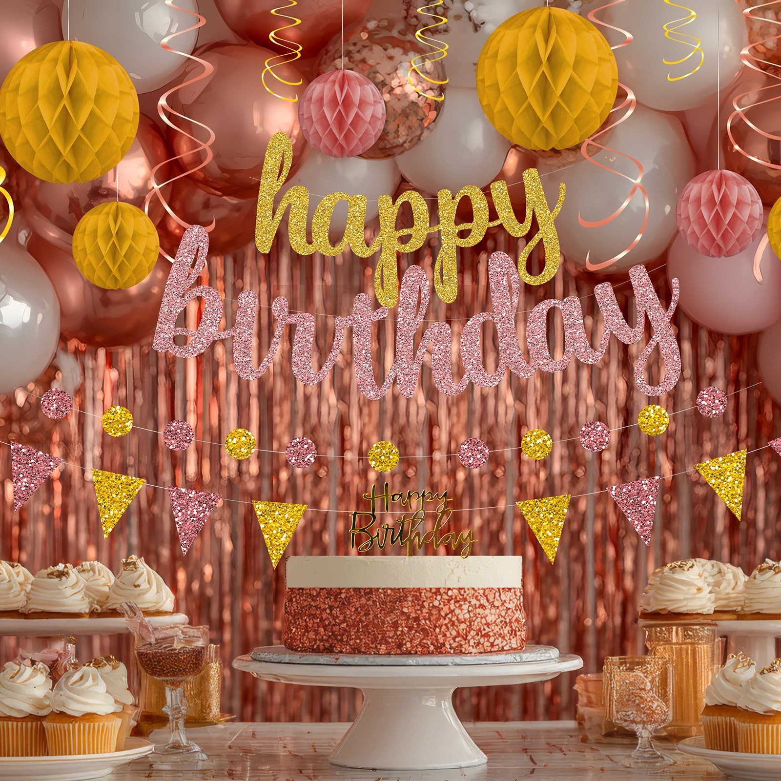 Rose Gold and Gold Birthday Party Decorations Set – Happy Birthday Banner Bal…
