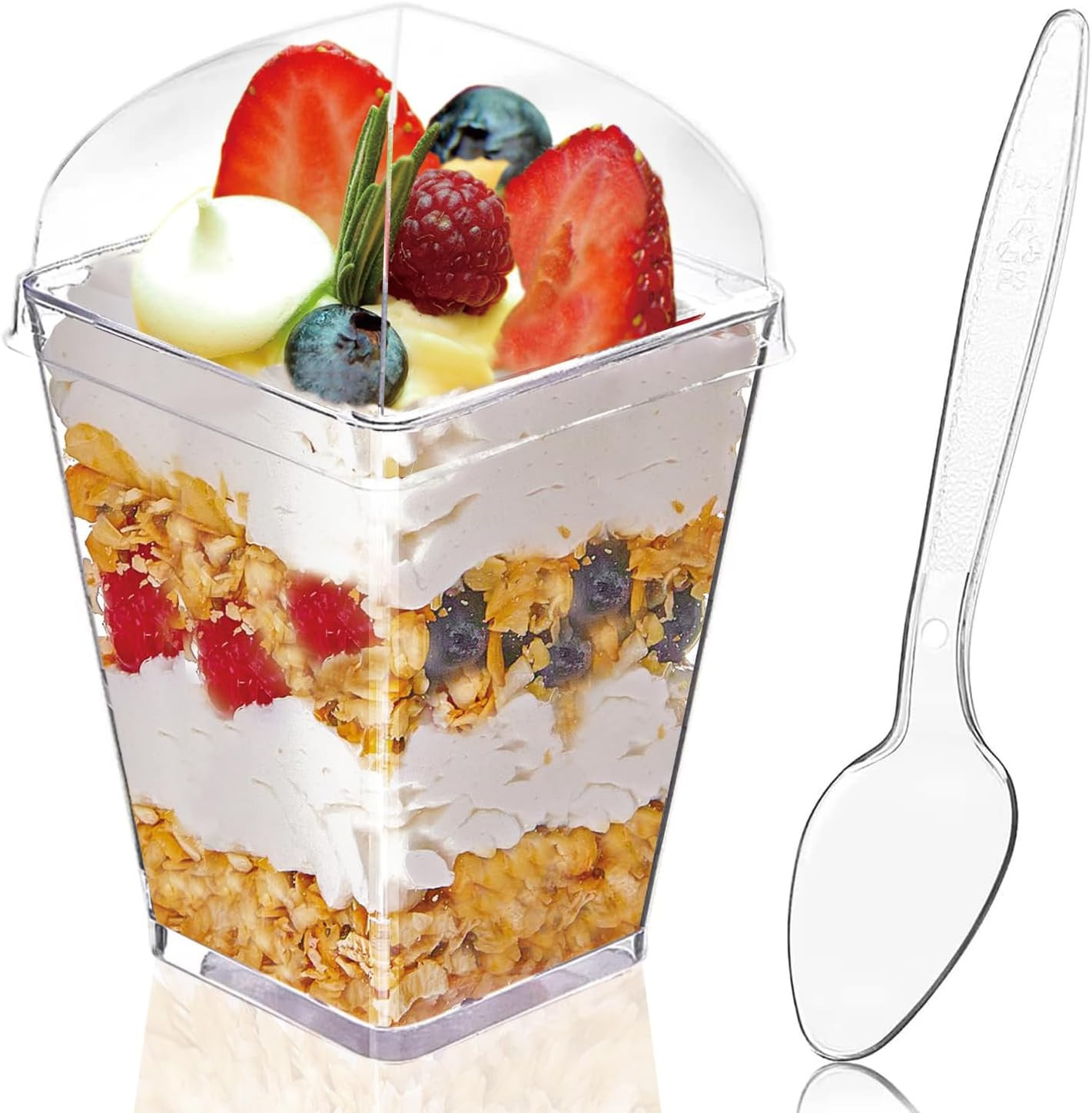 50Pack 5Oz Clear Plastic Dessert Cups with Lids and Spoons, Reusable Square Parf