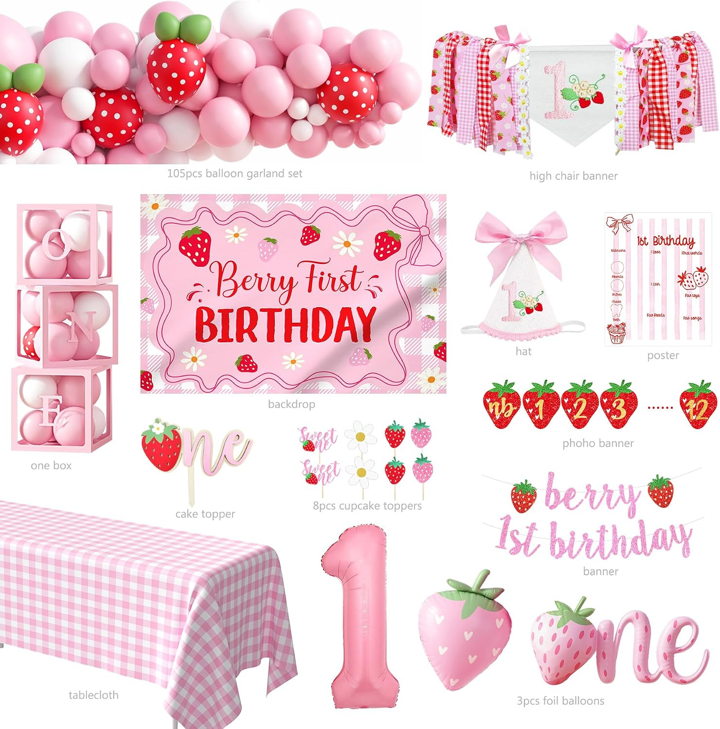 Berry First Birthday Decorations for Girls, Strawberry 1St Birthday Sweet One Pa