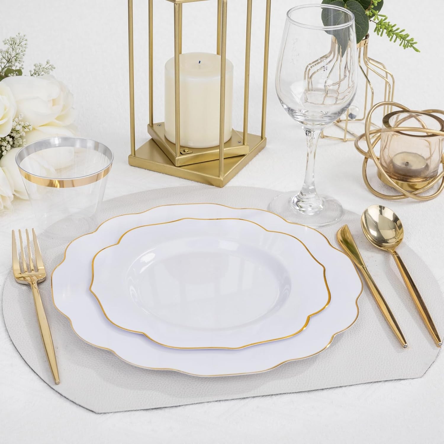 180PCS White and Gold Plastic Plates Disposable – White with