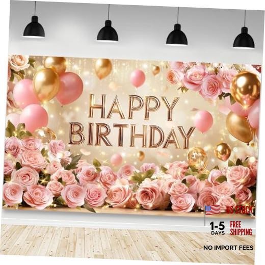 Rose Gold Happy Birthday Backdrop Banner for Women | Pink Floral Happy 6×3.6ft