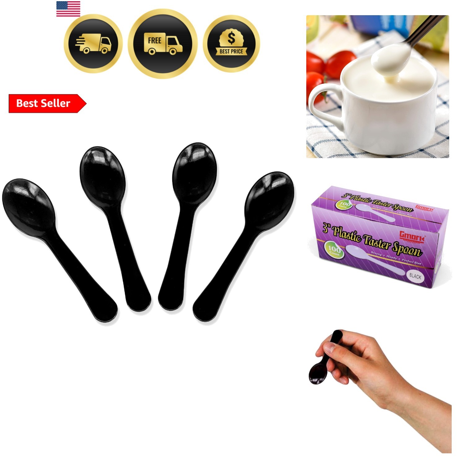 Mini Plastic Spoons Black Clear 3 Inch 100pcs Taster Dessert Party Supplies