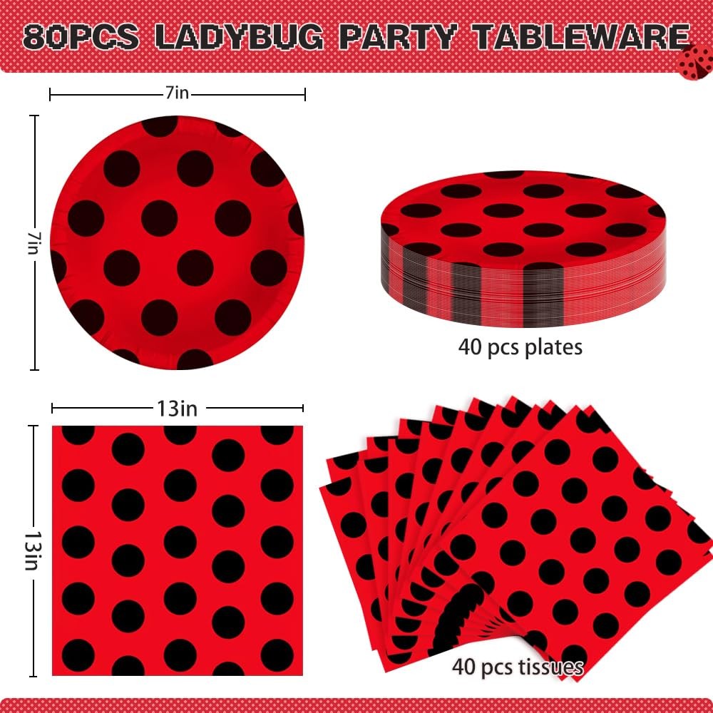 80PCS Ladybug Party Supplies Ladybug Paper Plates and Napkins Party Tableware…