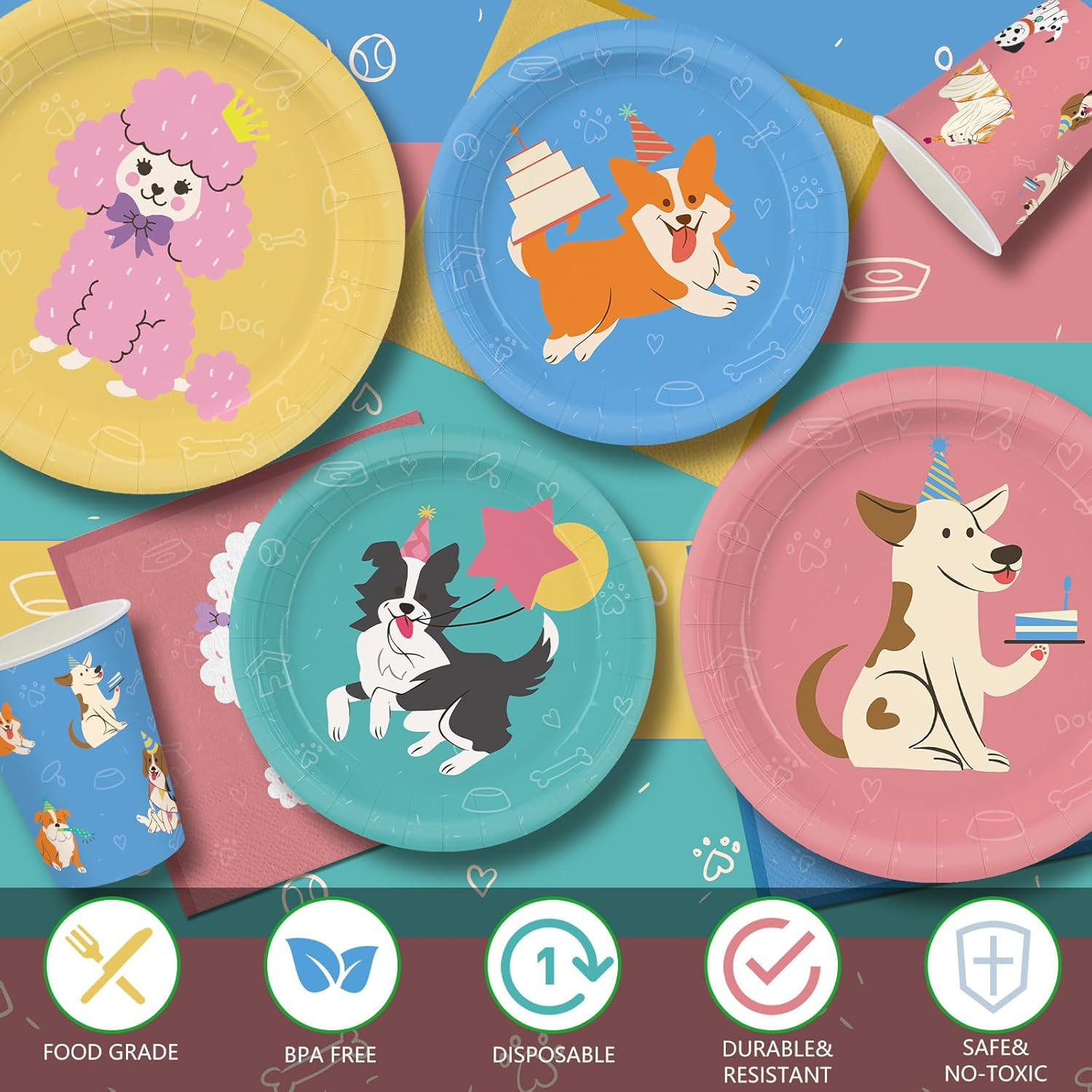 203pcs Retro Puppy Party Decorations Plates Napkins Pet Dog Birthday Party Suppl