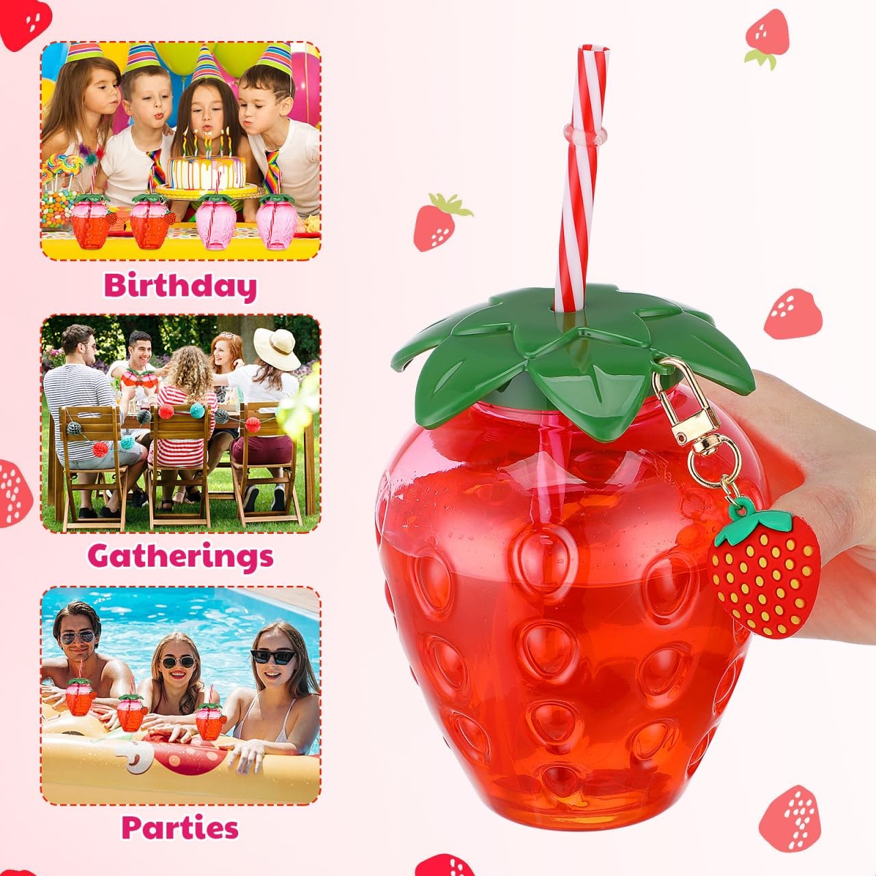 DOITOOL Strawberry Cup 4.7 Inch Reusable Plastic Tumbler 0.6 Ounces, Pink