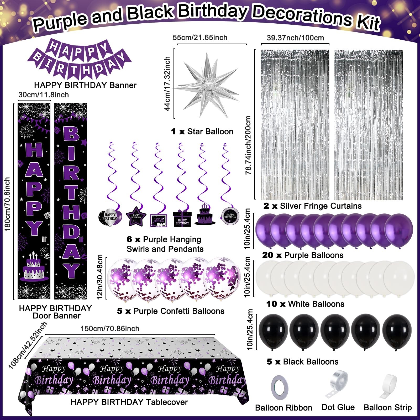 Black and Purple Birthday Decorations for Women Girls, Happy Birthday Decoration
