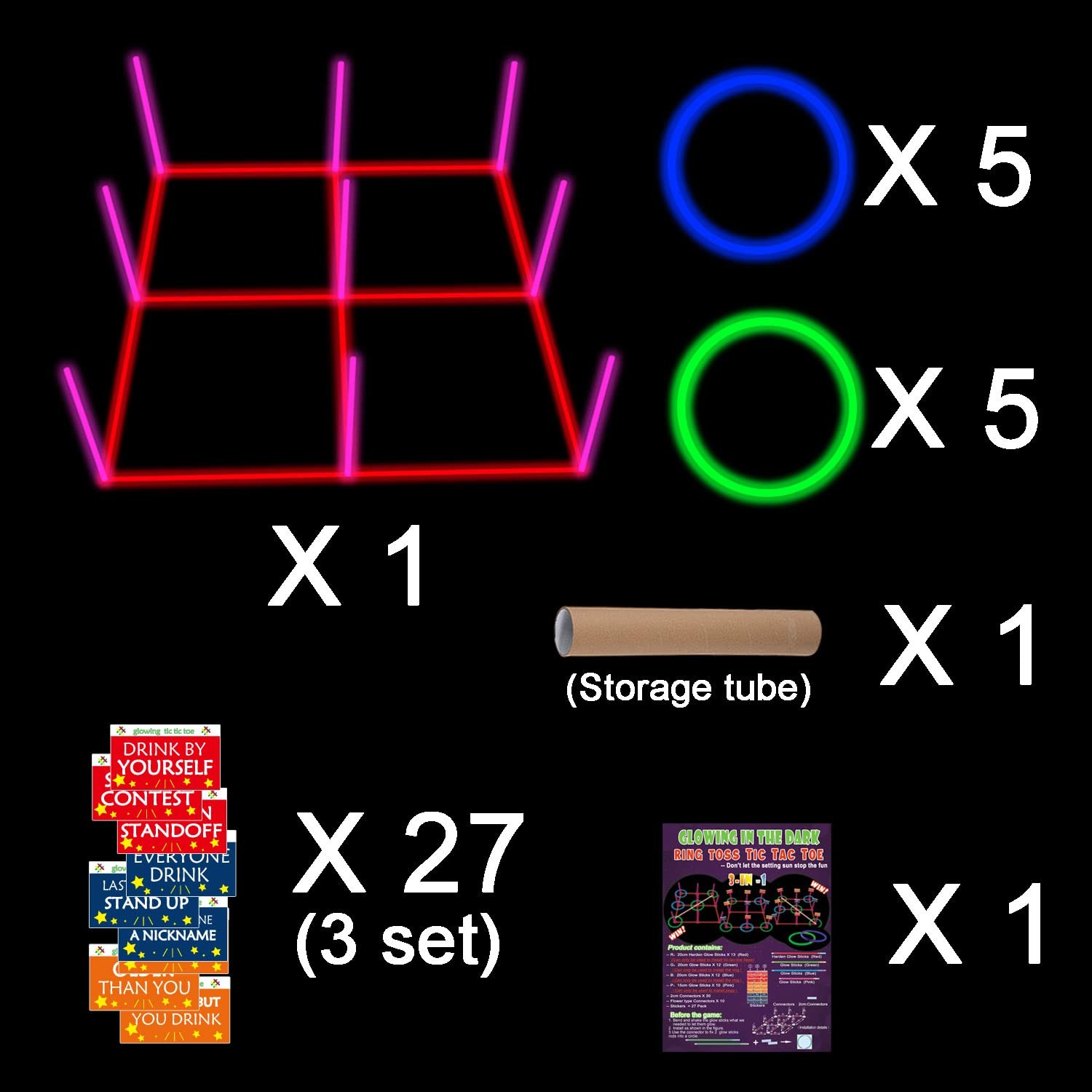 Ring Toss Games Glowing 3-in-1 Tic Tac Toe Game Indoor/Outdoor blue&green