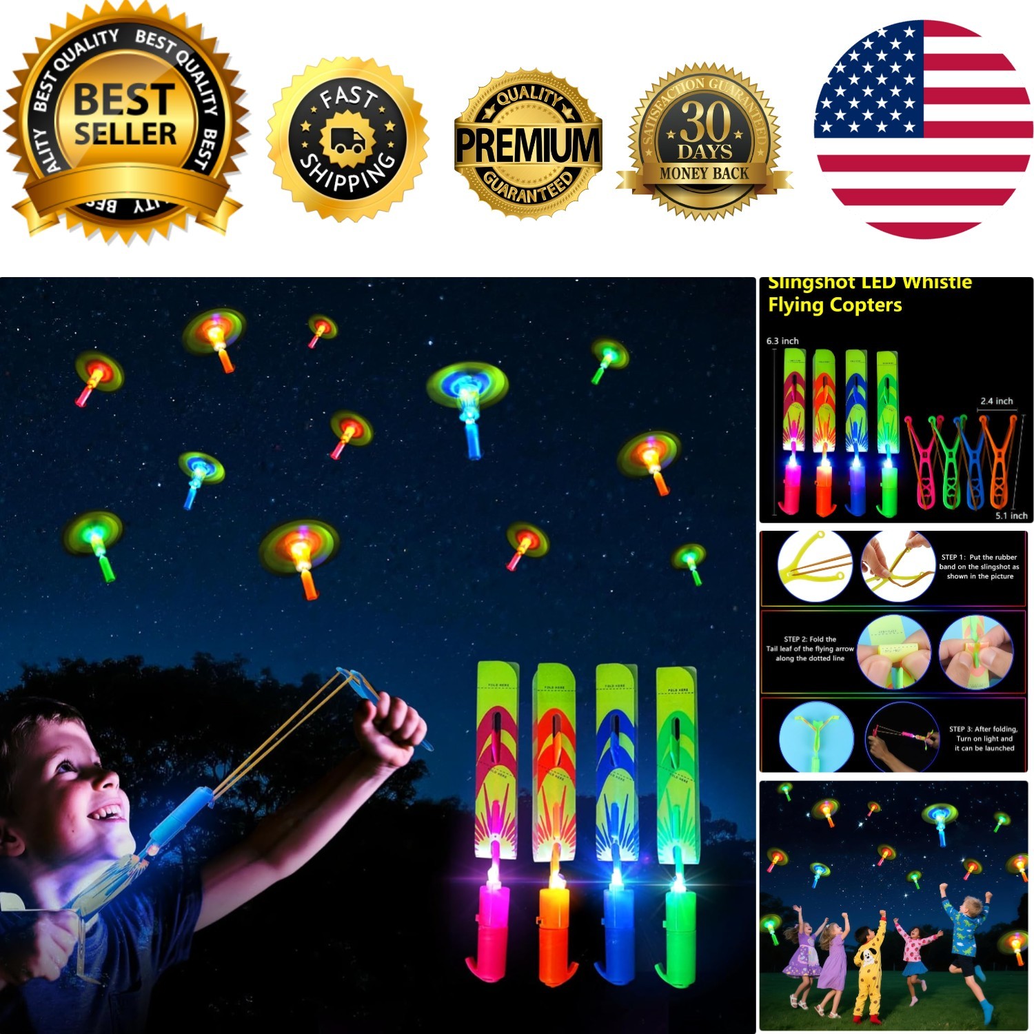 LED Flying Set with Whistle, 25 Slingshot+25 Glow Helicopter, Flying Toy Outd…