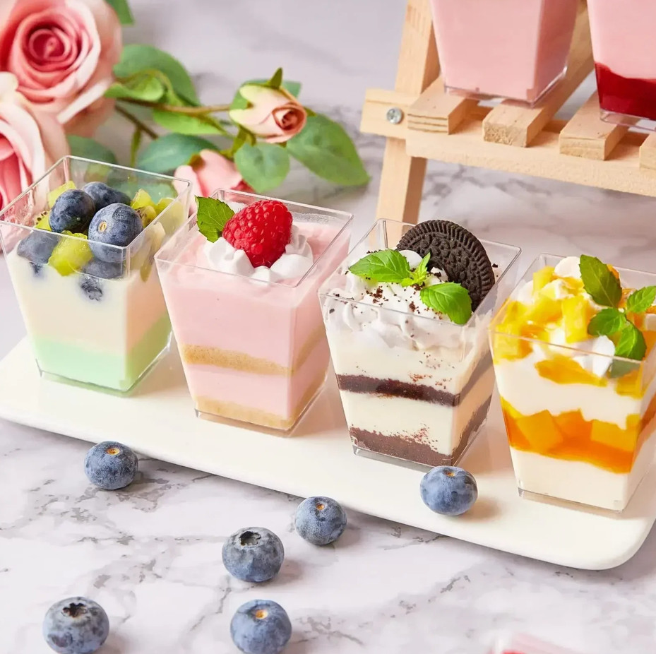 20pcs Disposable Plastic Mousse Cups Ladder Shape Dessert Pudding Cups