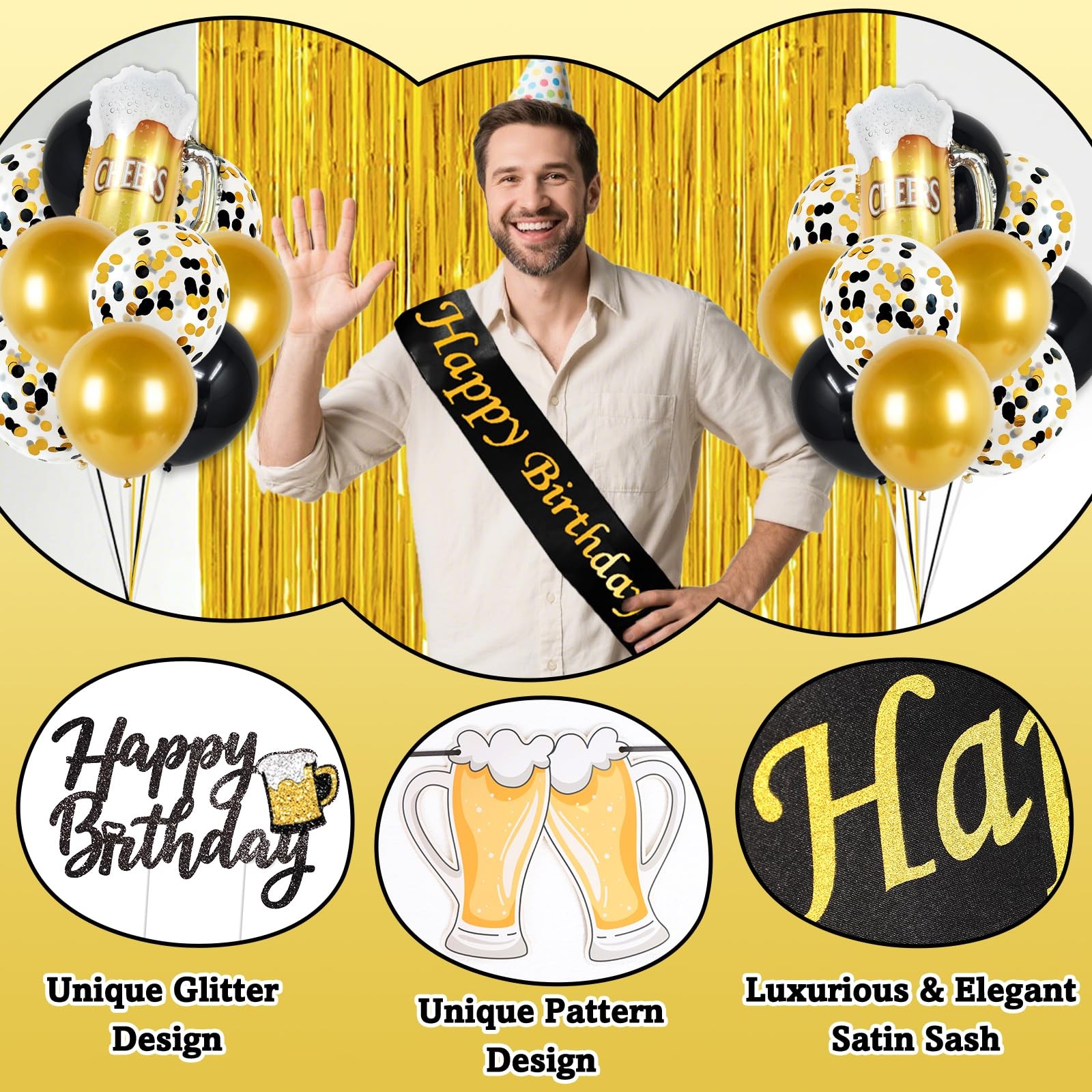 Black and Gold Birthday Decorations, 45PCS Happy Birthday Balloons Decorations f